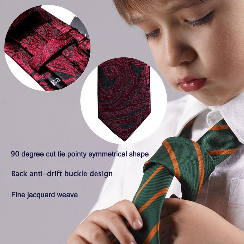Barry.Wang Store Boy's Necktie Regular Silk Woven Stripe Solid Tie Pocket Square - Image 4